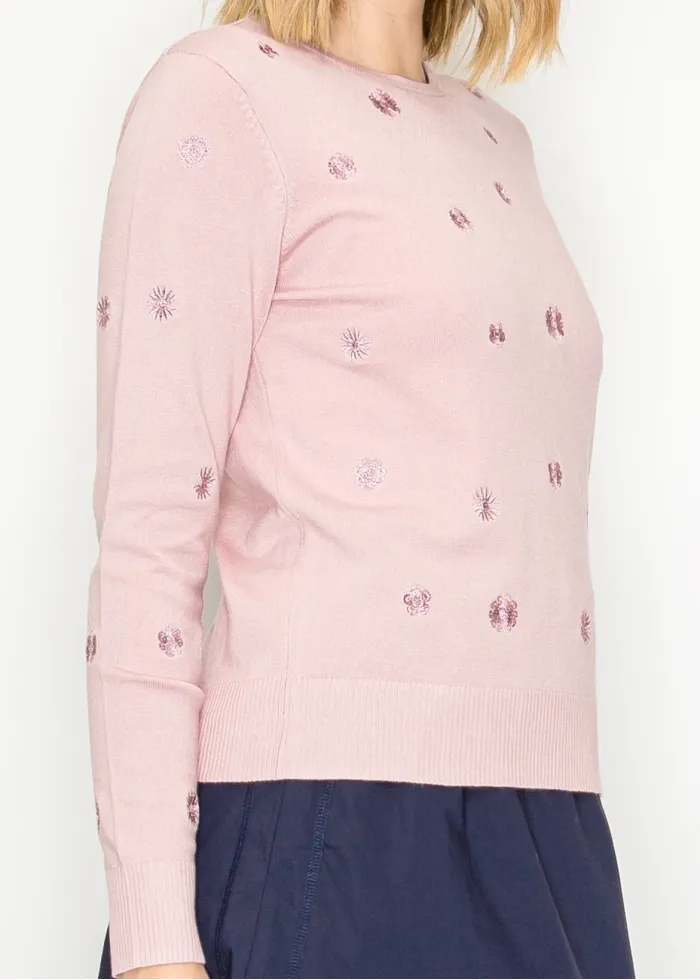 Floral embroidered knit sweater in soft pink