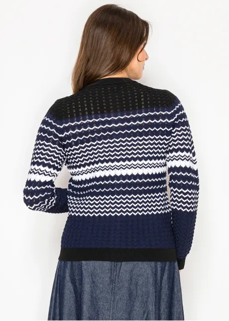 Navy Patterned Knit Cardigan with Button Front