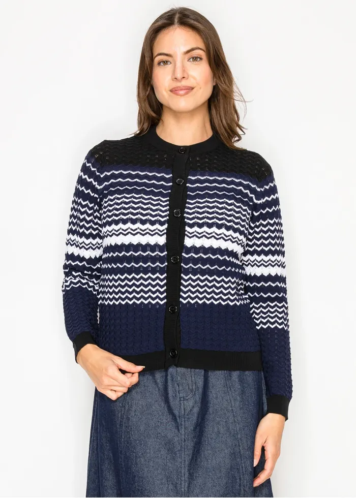 Navy Patterned Knit Cardigan with Button Front