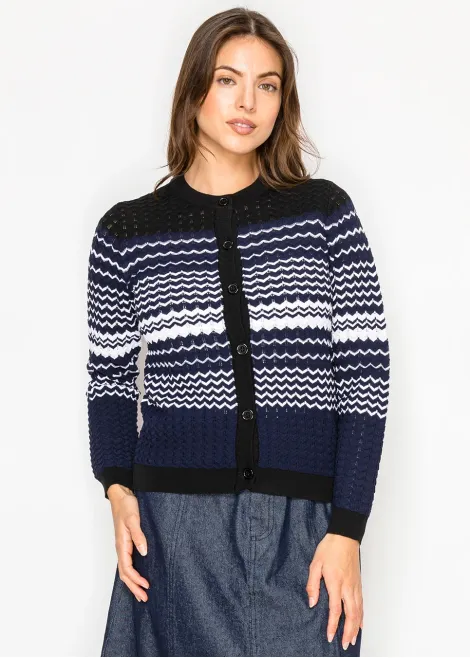 Navy Patterned Knit Cardigan with Button Front