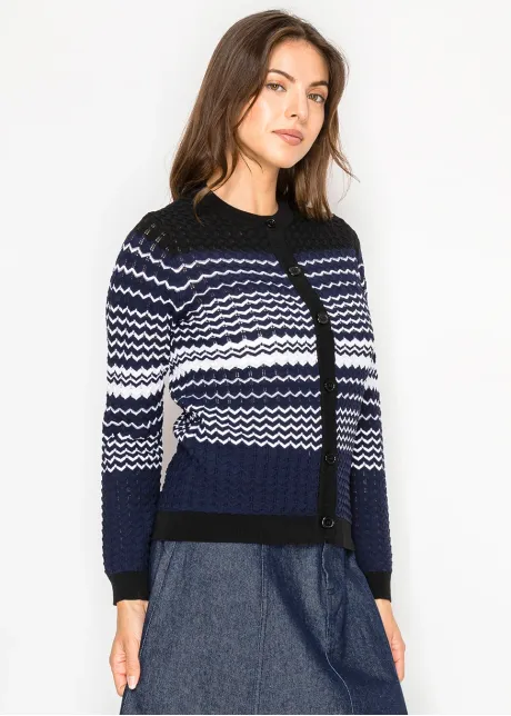Navy Patterned Knit Cardigan with Button Front