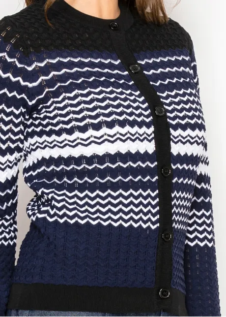 Navy Patterned Knit Cardigan with Button Front