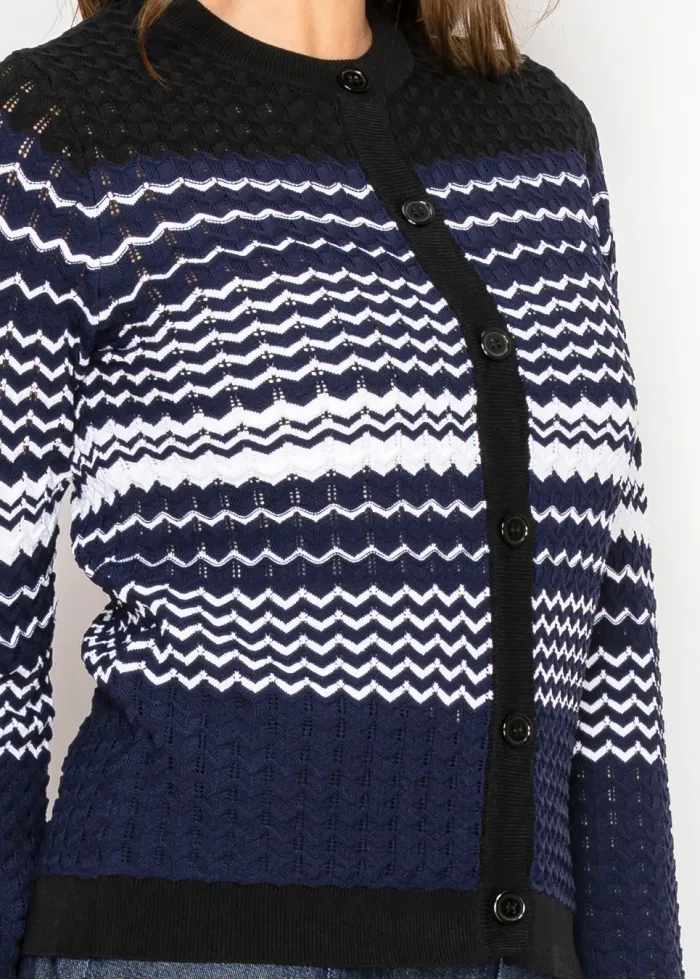 Navy Patterned Knit Cardigan with Button Front