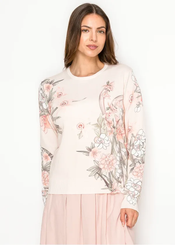 Blush Pullover with Painterly Floral Print