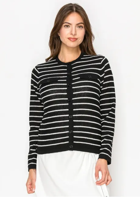 Striped button-front knit cardigan in black