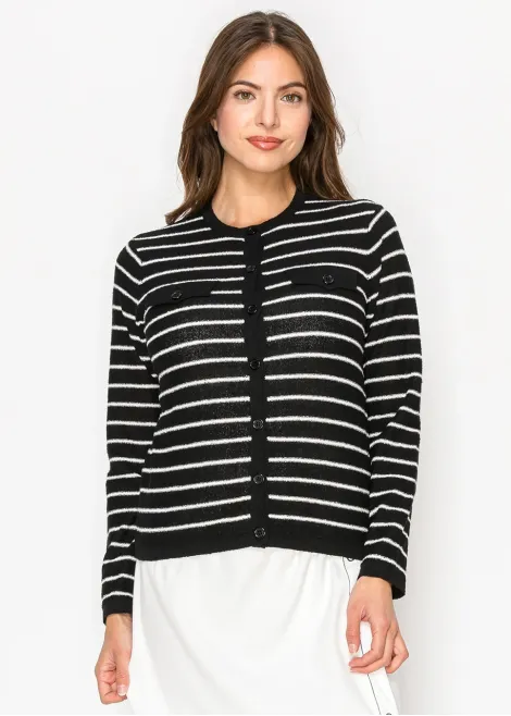Striped button-front knit cardigan in black