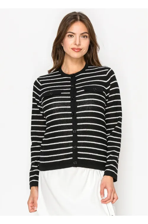 Striped button-front knit cardigan in black