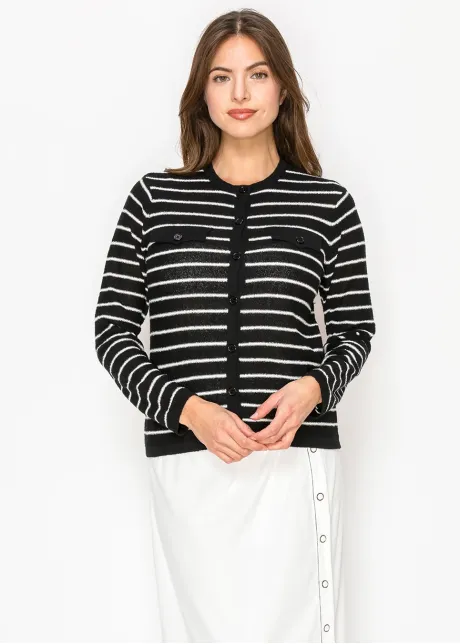 Striped button-front knit cardigan in black