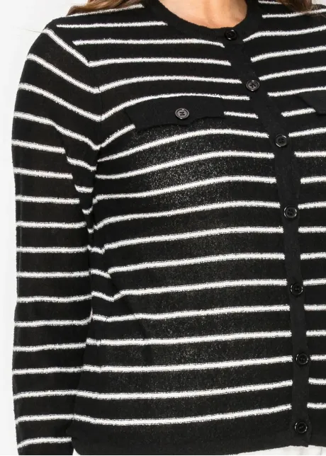 Striped button-front knit cardigan in black
