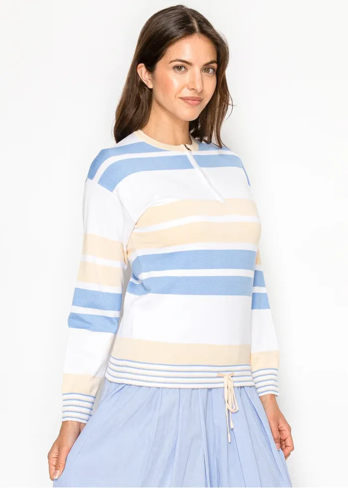 Blue & Cream Striped Half-Zip Knit Top