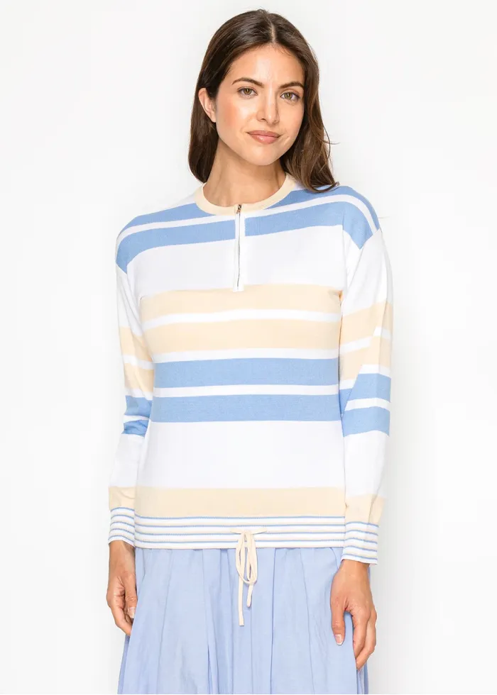 Blue & Cream Striped Half-Zip Knit Top