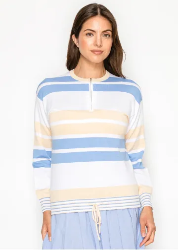Blue & Cream Striped Half-Zip Knit Top