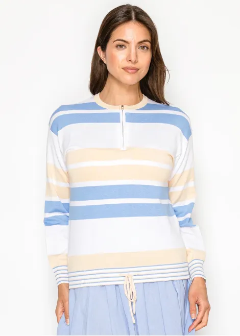 Blue & Cream Striped Half-Zip Knit Top