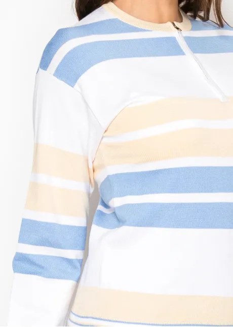 Blue & Cream Striped Half-Zip Knit Top