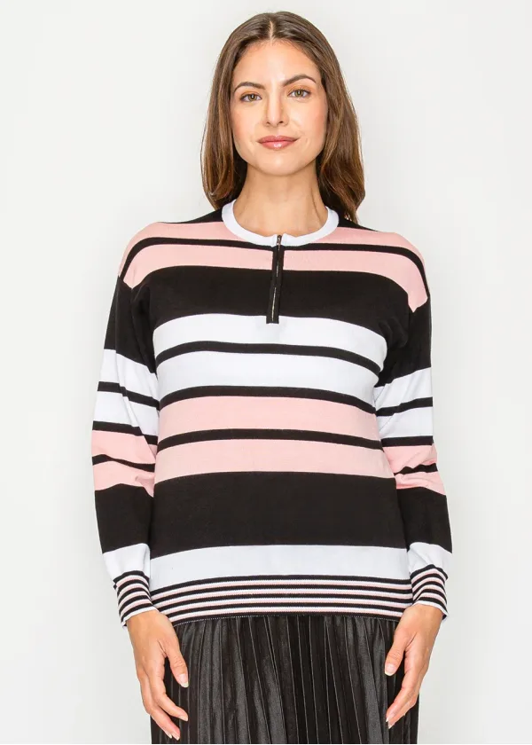 Blush & Black Striped Zip-Neck Knit Sweater