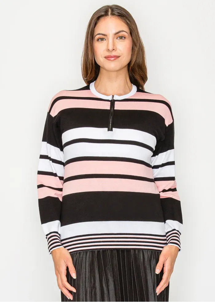 Blush & Black Striped Zip-Neck Knit Sweater