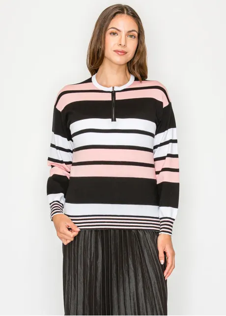 Blush & Black Striped Zip-Neck Knit Sweater