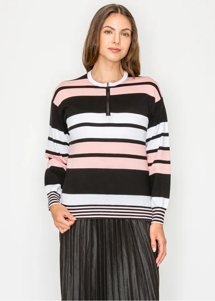 Blush & Black Striped Zip-Neck Knit Sweater