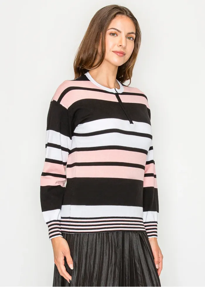 Blush & Black Striped Zip-Neck Knit Sweater