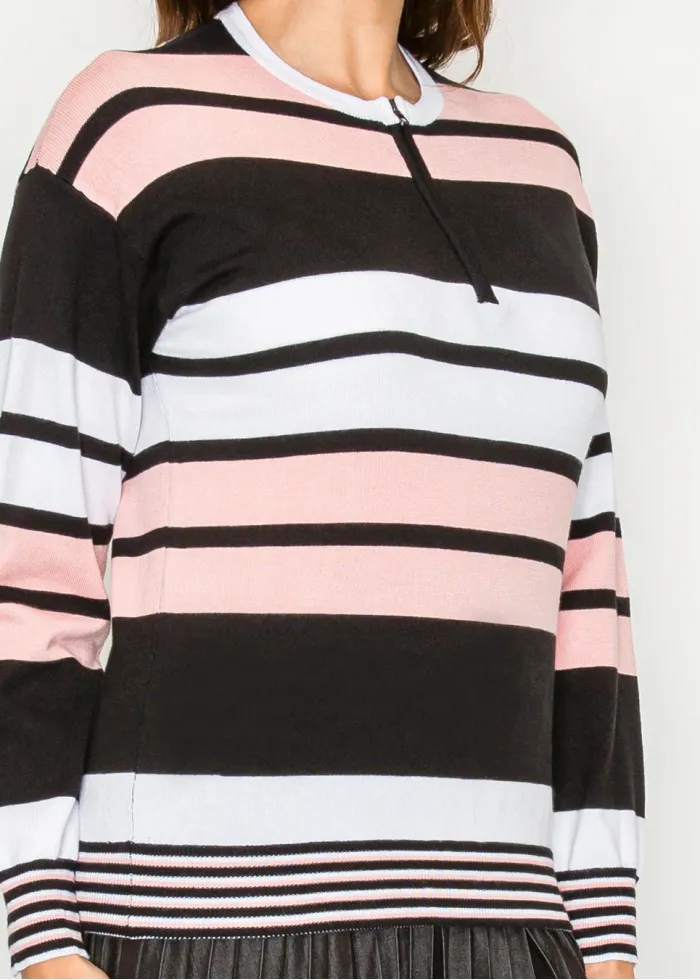 Blush & Black Striped Zip-Neck Knit Sweater