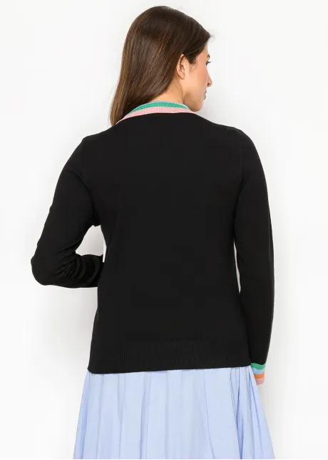 Black Knit Top with Striped Collar and Zip