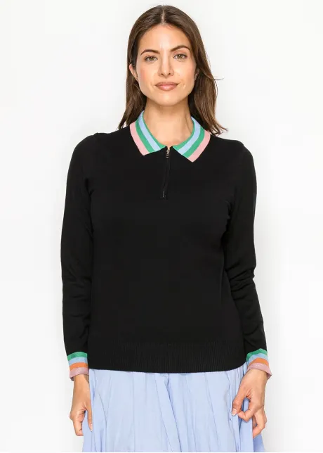 Black Knit Top with Striped Collar and Zip