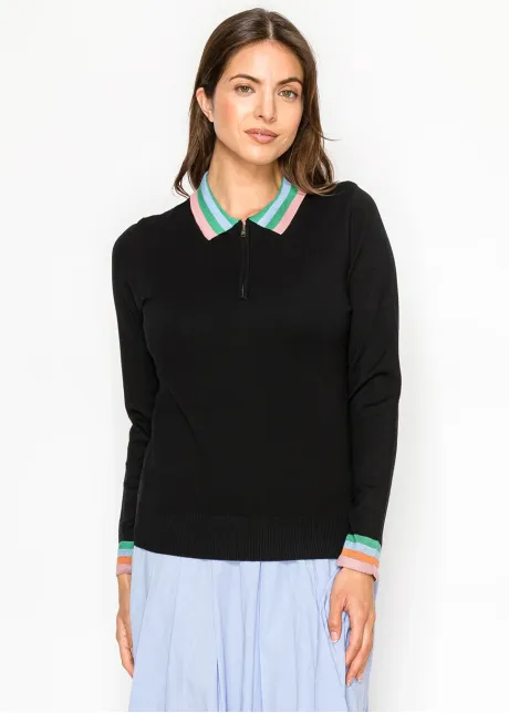 Black Knit Top with Striped Collar and Zip