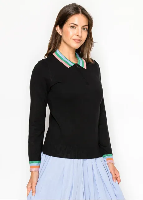 Black Knit Top with Striped Collar and Zip