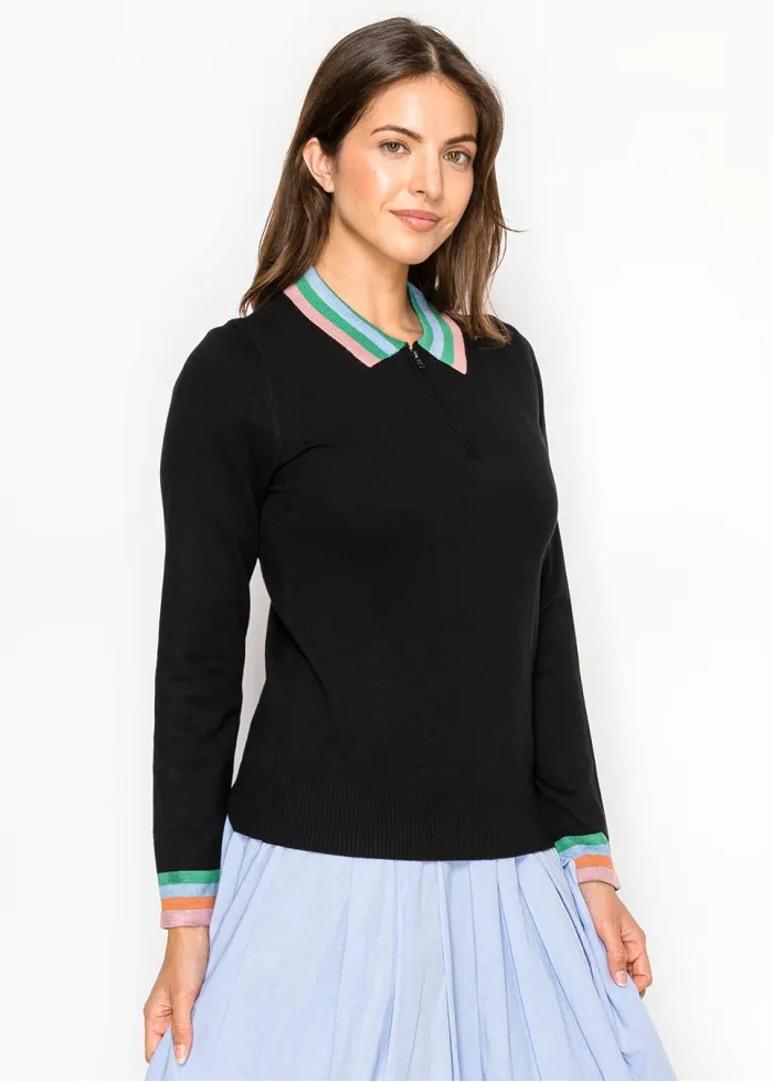 Black Knit Top with Striped Collar and Zip