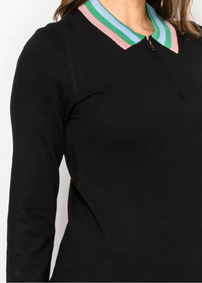 Black Knit Top with Striped Collar and Zip