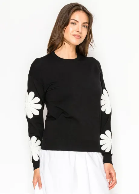 Crew Neck Sweater with Floral Sleeve Motif