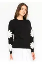 Crew Neck Sweater with Floral Sleeve Motif
