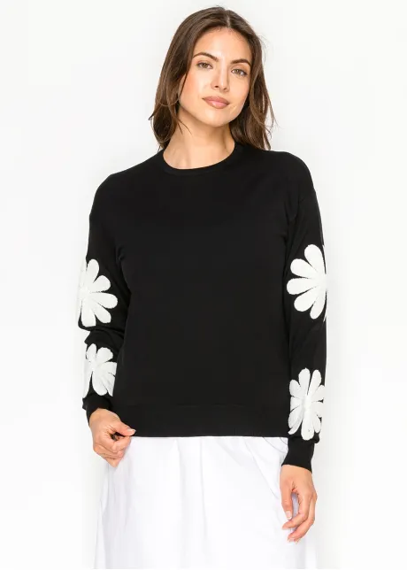 Crew Neck Sweater with Floral Sleeve Motif