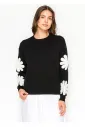 Crew Neck Sweater with Floral Sleeve Motif