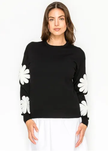 Crew Neck Sweater with Floral Sleeve Motif