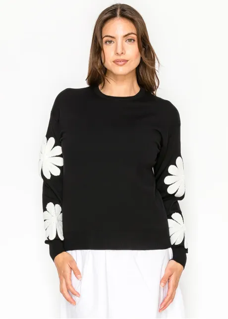 Crew Neck Sweater with Floral Sleeve Motif