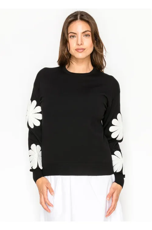 Crew Neck Sweater with Floral Sleeve Motif