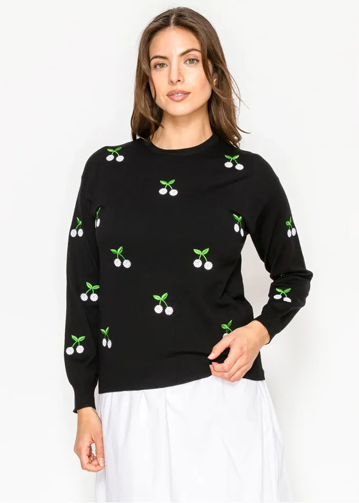 Black Cherry Embroidered Knit Sweater