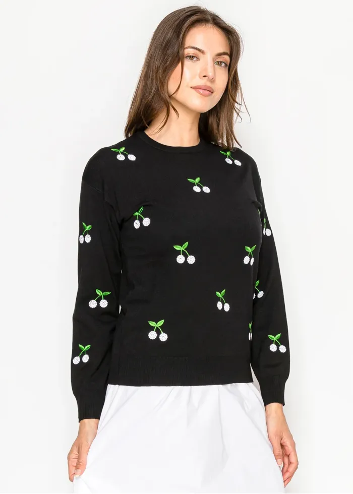 Black Cherry Embroidered Knit Sweater