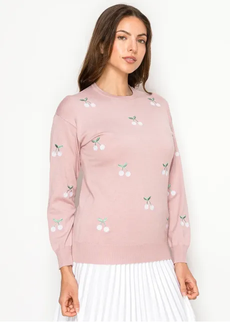 Blush Cherry Embroidered Knit Sweater