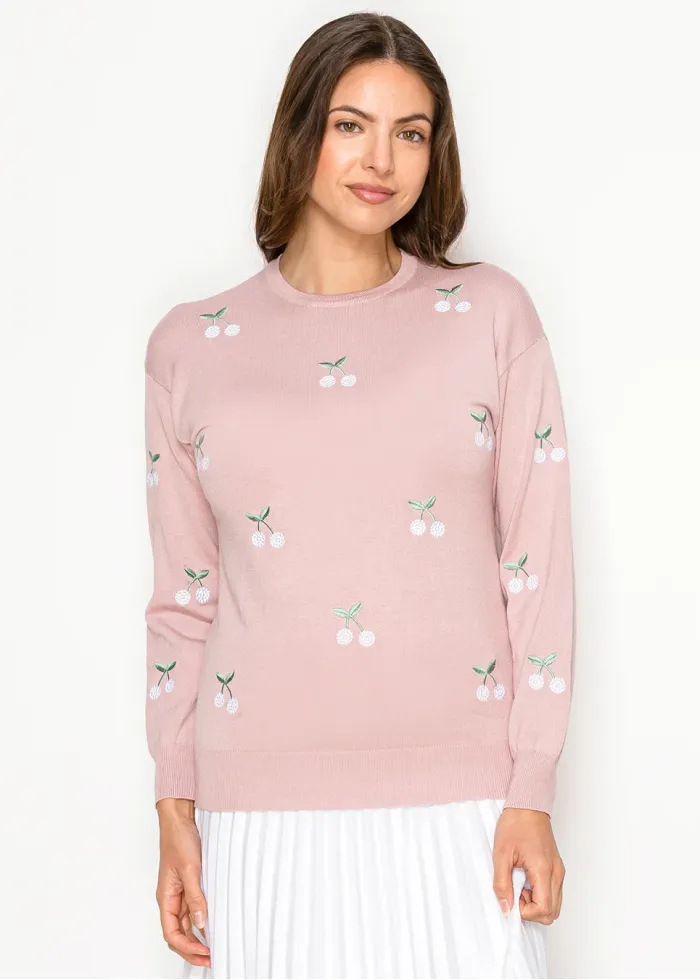 Blush Cherry Embroidered Knit Sweater