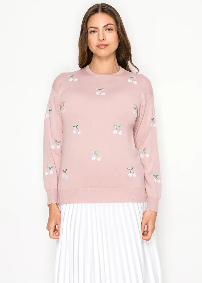 Blush Cherry Embroidered Knit Sweater