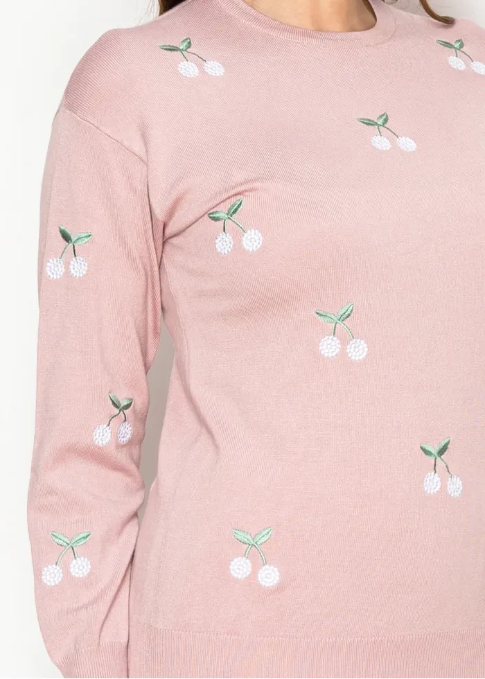 Blush Cherry Embroidered Knit Sweater
