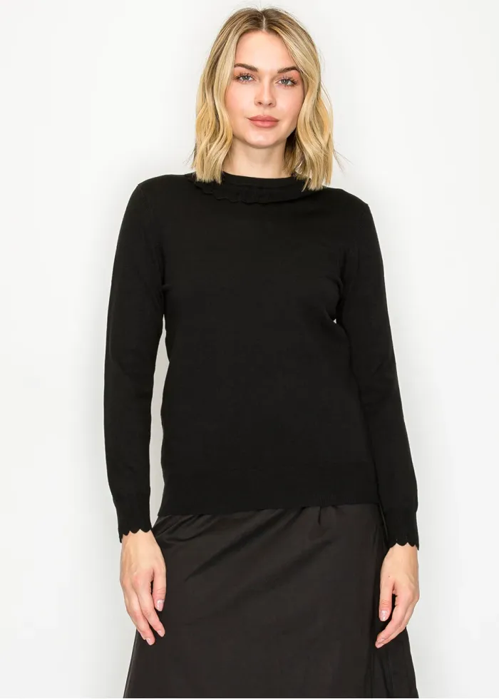Black Scallop Trim Crewneck Knit Sweater