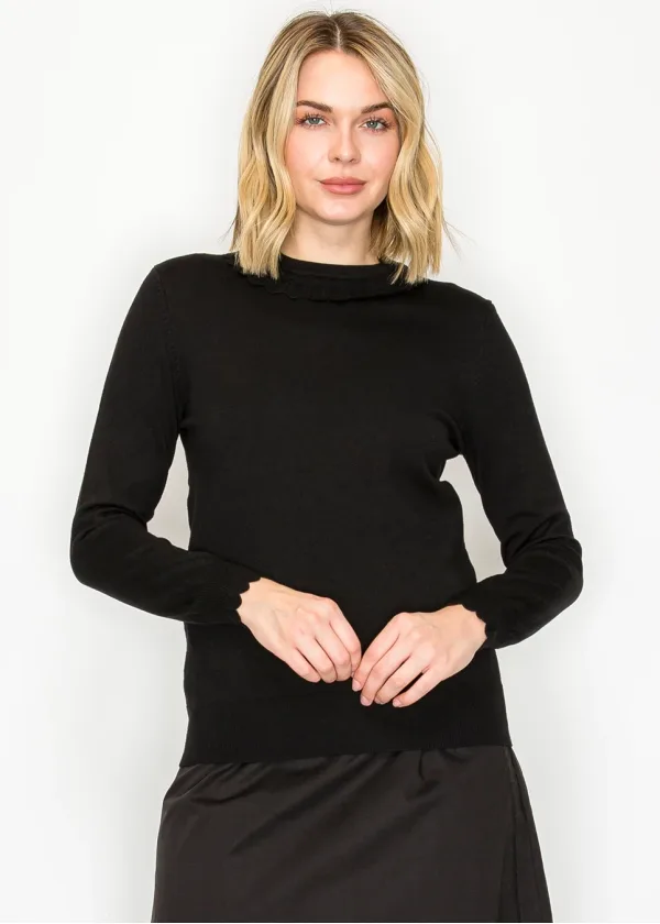 Black Scallop Trim Crewneck Knit Sweater