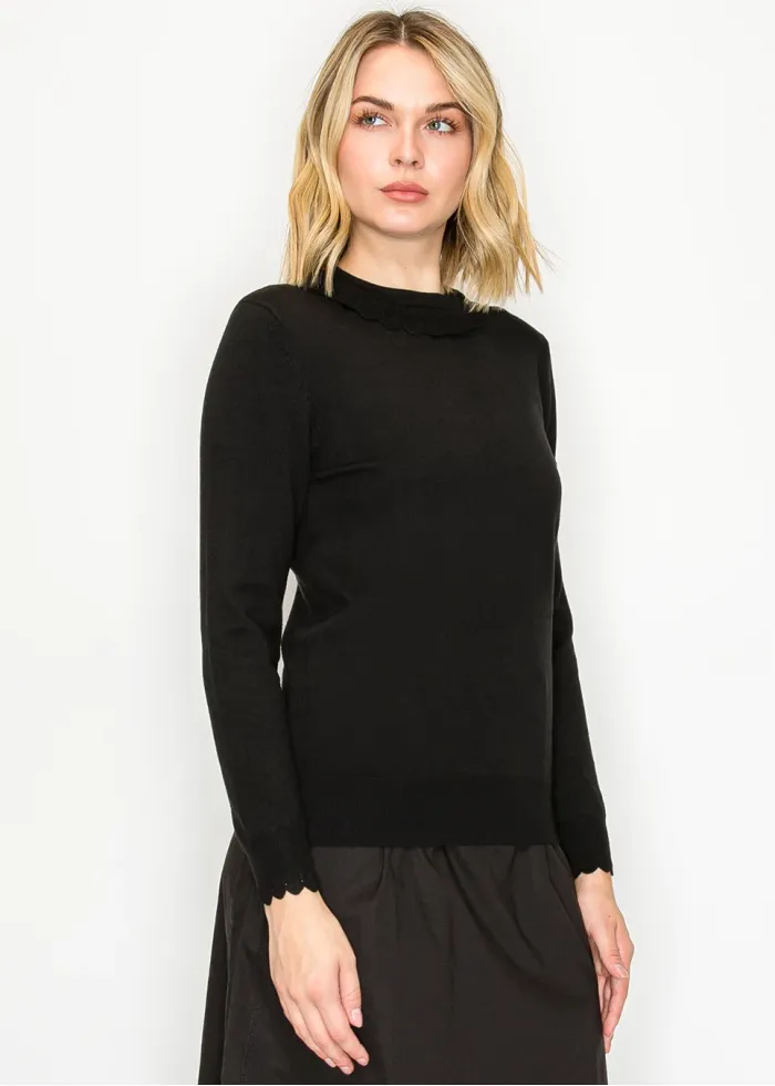 Black Scallop Trim Crewneck Knit Sweater