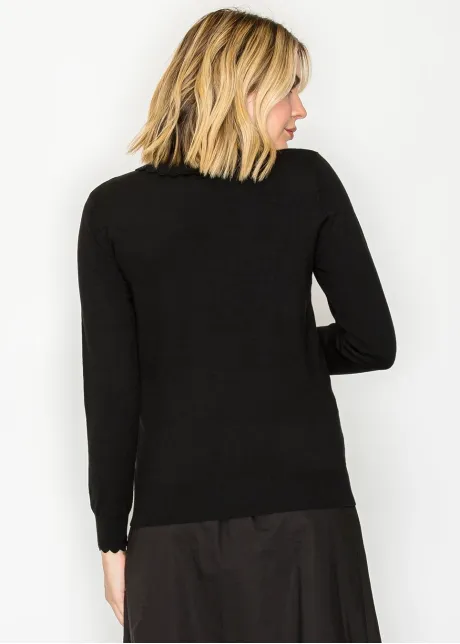 Black Scallop Trim Crewneck Knit Sweater