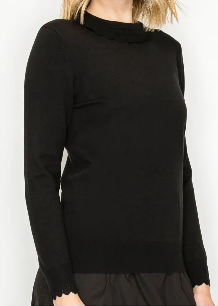 Black Scallop Trim Crewneck Knit Sweater