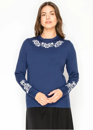 Deep Blue Knit with Framed Floral Embroidery
