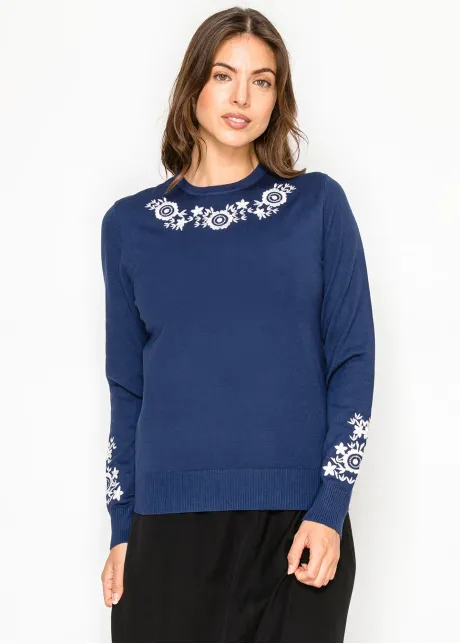 Deep Blue Knit with Framed Floral Embroidery